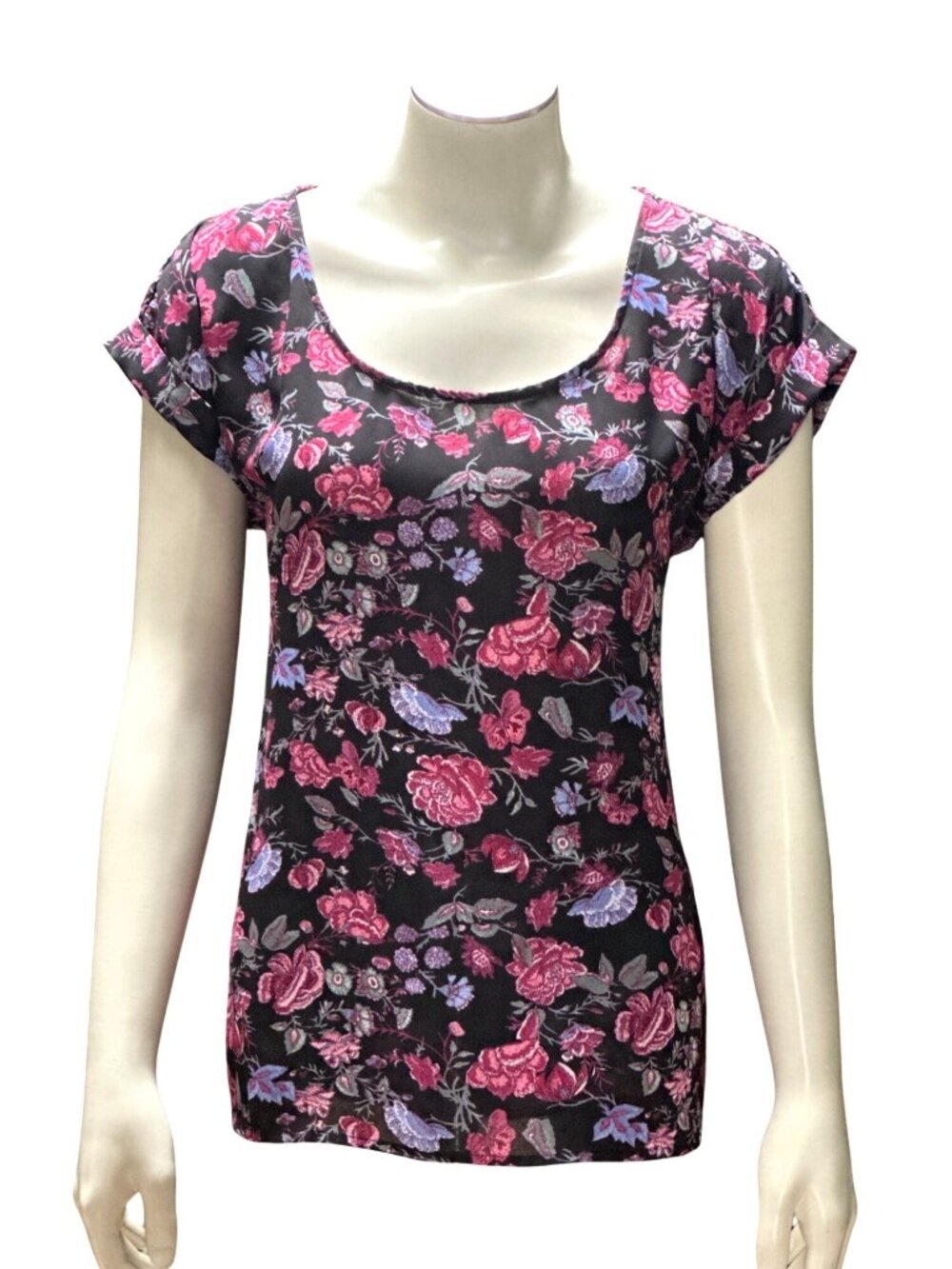 Pink Rose Small Black Floral Short Sleeve Blouse Relaxed Fit Romantic Boho Style